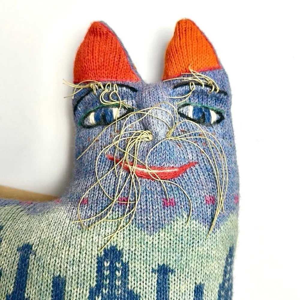 Pair Vintage 1986 Handloomed Wool Folk Art Cat Pillows Soft Sculptures Signed